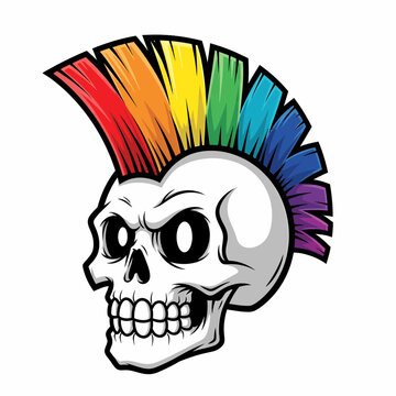 Cartoon Skull with Rainbow Mohawk Fierce Expression and Detailed Teeth.