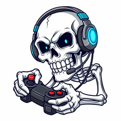 Skeletal Gamer with Glowing Eyes and Retro Controller Illustration.