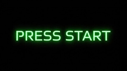 Animated bright green neon PRESS START gaming text sign with retro glitch effect and flicker, simulating a classic arcade game screen or futuristic digital interface.
 - Powered by Adobe
