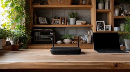 Modern Wi-Fi Router on Wooden Table with Lush Indoor Plants