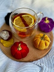Lemon in tea in a transparent cup, atmospheric autumn photos