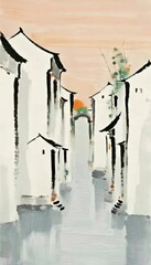 静かな水路と白い壁の中国の村の風景