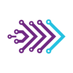 Abstract digital circuit board design featuring purple and blue arrow shapes pointing rightward.