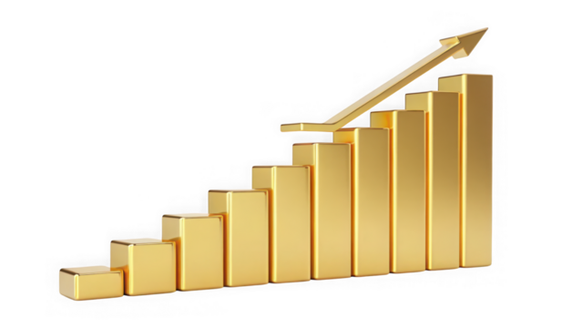 Golden bar chart showing upward trend isolated on transparent background