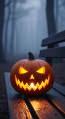 Obraz premium Lit jack-o'-lantern on wooden bench in foggy forest, symbolizing Halloween, autumn, mystery, and spooky season