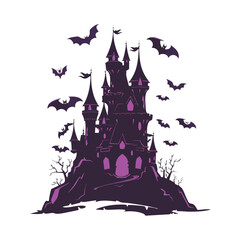 A cartoon silhouette of a Halloween witch on a broom flying over a haunted house against a spooky full moon with bats