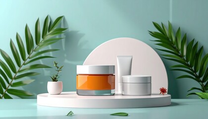 Orange Cream Jar with White Tubes and Plants on White Display