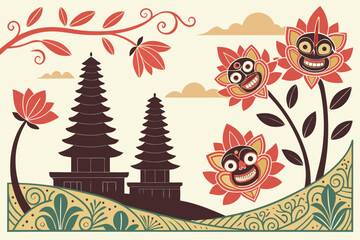 Intricate balinese festival pattern featuring a detailed temple silhouette and traditional motifs for cultural designs