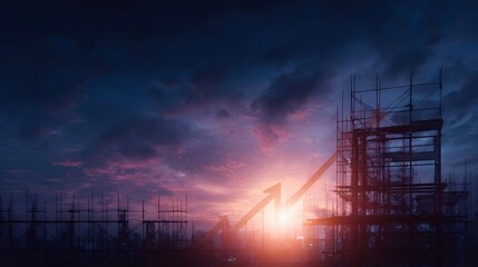 Construction site at twilight with a rising arrow signifying business growth and economic development