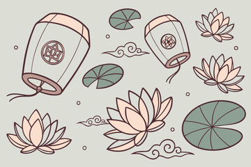 Seamless obon festival pattern featuring floating lanterns and traditional japanese motifs