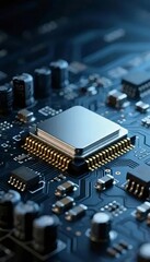 青色基板上の金色のピンを持つ銀色のマイクロチップ