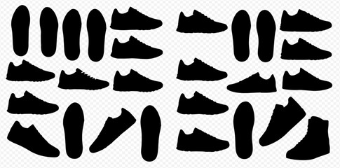 A collection of silhouette images showcasing various shoe styles, including sneakers and insoles, arranged in a grid pattern.