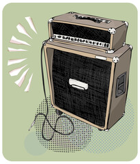 A classic guitar amplifier stack with a head and a cabinet, connected by a cable, all set against a stylized background with radiating lines and polka dot patterns. Vector illustration.
