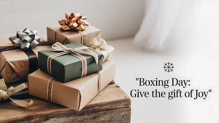 Stacked gift boxes wrapped in brown and green paper with ribbons and bows on a wooden surface, promoting Boxing Day joy.