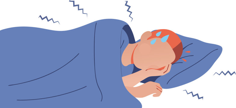 An illustration of a person lying in bed, covered with a blanket, visibly sweating and uncomfortable due to chills and fever. 