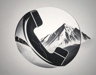 A monochrome graphic of a telephone receiver within a sphere, with a mountain range in the background