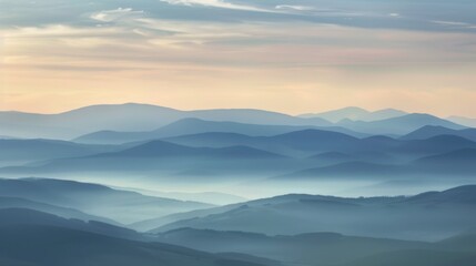 Fototapeta premium Mountain Sunrise/Sunset Landscapes: Misty Valleys, Blue Skies & Forest Hill Silhouettes