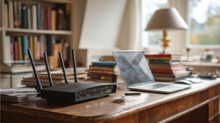 Modern Workspace with Wi-Fi Router and Laptop on Vintage Desk