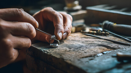 Close-up of artisan hands polishing gemstone in jewelry studio