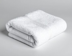 "Luxury spa-style towel, pure white, laid diagonally on a plain matte grey background. Close-up clarity of edges and fibers with soft natural shadows. 1:1 ratio, HD."