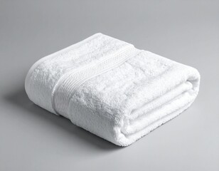 "Luxury spa-style towel, pure white, laid diagonally on a plain matte grey background. Close-up clarity of edges and fibers with soft natural shadows. 1:1 ratio, HD."