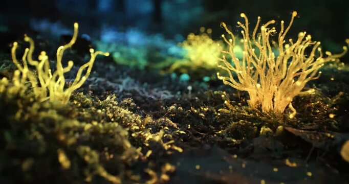 A mesmerizing, ultra-macro journey through a vibrant bioluminescent forest floor, showcasing intricate mycelial networks glowing with otherworldly light. no data