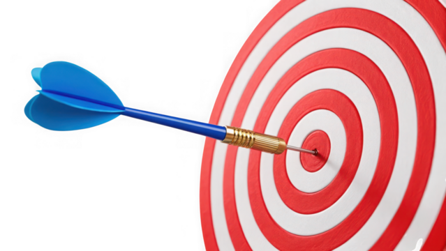 Blue dart hitting bullseye on red and white target isolated on transparent background
