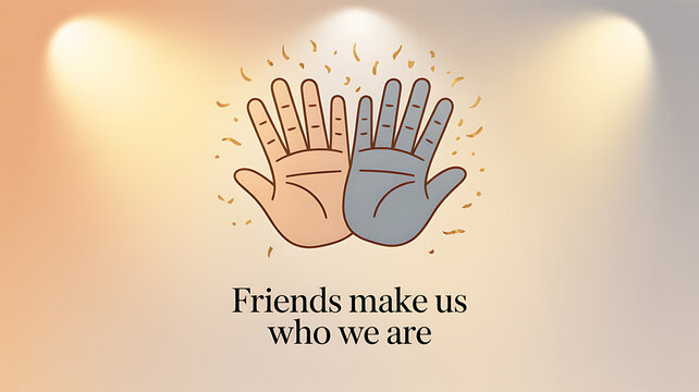 Illustration of two hands touching with the text 'Friends make us who we are' on a softly lit background