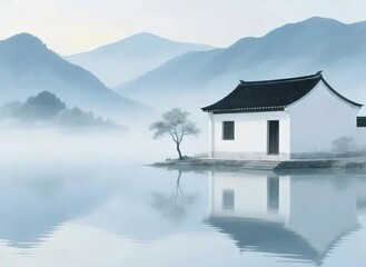 Fototapeta premium 湖畔の白い家と霧のかかった山々 静かな水面