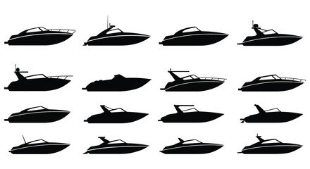 Variety of motorboat designs shown in a simple black silhouette