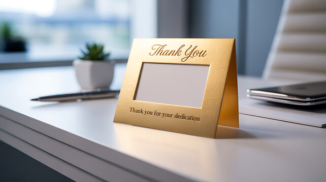 Golden thank you frame on office desk with dedication message