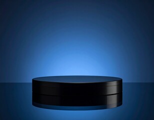 Black podium on glossy reflective floor with indigo gradient