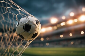 Close-up of football in goal net, stadium backdrop with high-angle 3D vector art, vivid colors on green field. For sports promotions and ads.