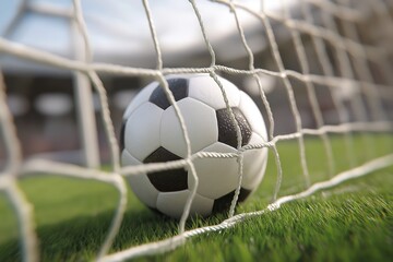 Naklejka premium Soccer ball in goal close-up, stadium scene from above with hyper-realistic 3D illustration, vivid hues on green pitch. Perfect for sport graphics and ads.