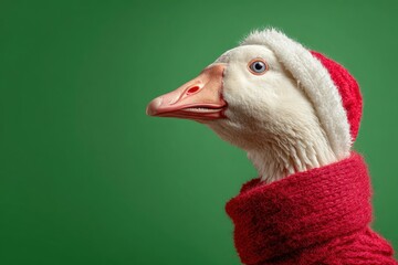 Goose Wearing Red Santa Claus Hat. Green color background. Copy space for text. Cute funny duck dressed carnival costume. Humor. Bird wear warm scarf. Xmas party concept. Winter celebrations spirit