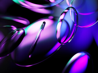 Abstract radiant gradient blur black 3d background in purple blue green colors with dynamic glass circle discs and neon light glow effect. Vibrant transparent disks, technology design. 3D illustration
