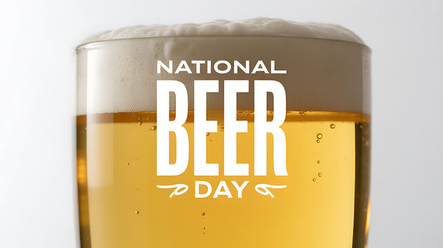 A close-up of a glass of beer with foam, featuring the text 'National Beer Day' overlaid.