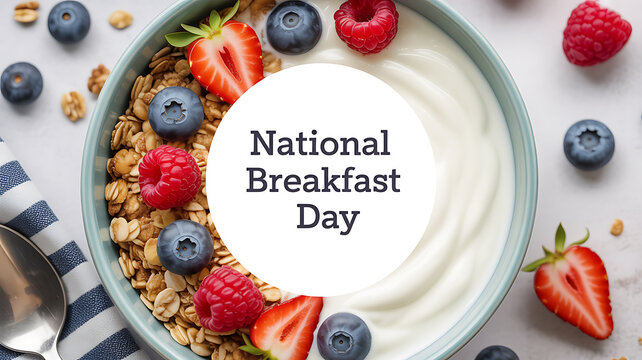National Breakfast Day celebrated with a bowl of yogurt, granola, and fresh berries