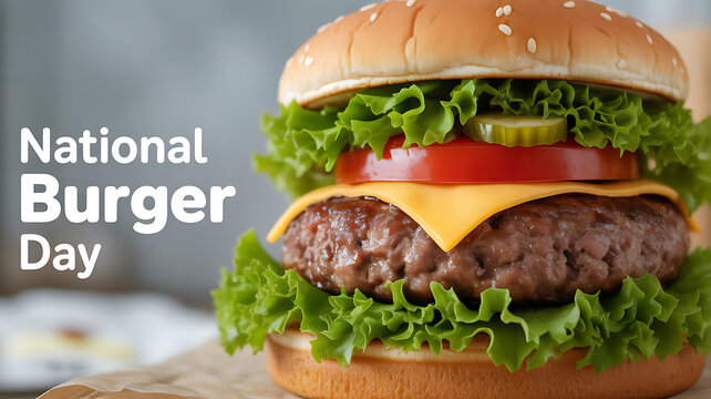 A close-up of a juicy burger with lettuce, tomato, cheese, and pickle on a sesame seed bun, celebrating National Burger Day