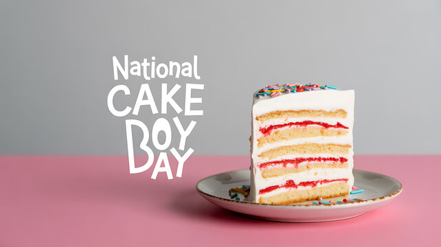A slice of layered cake with white frosting and colorful sprinkles on a plate, displayed against a pink and gray background with 'National Cake Day' text.