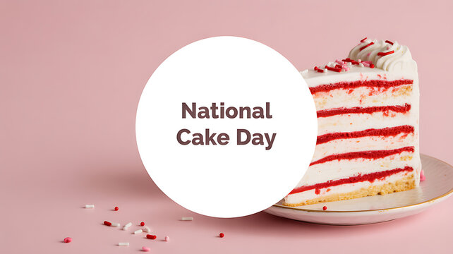 National Cake Day celebration with a slice of red and white layered cake on a pink background