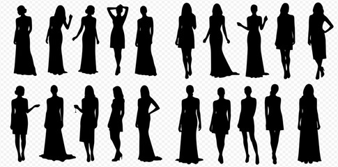 Collection of silhouette figures of women in various dresses and poses, isolated on a transparent background.