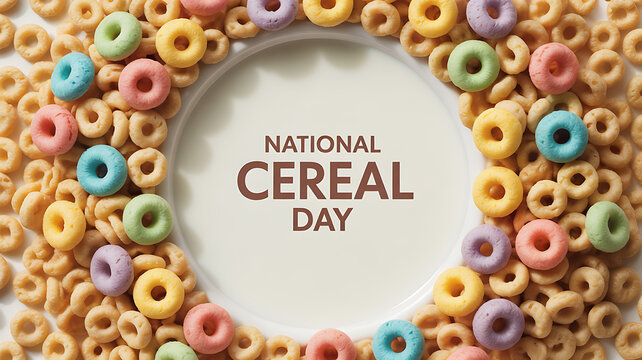 Colorful cereal rings arranged in a circular pattern around a central text reading 'National Cereal Day'
