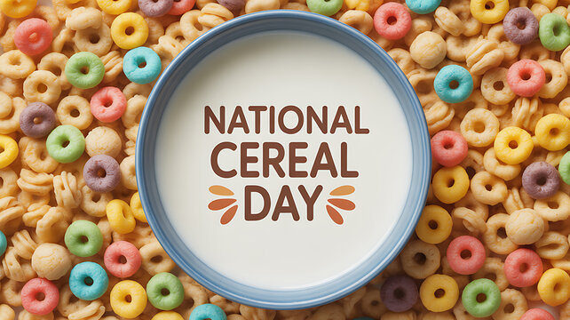 National Cereal Day celebration with colorful cereal rings surrounding a bowl of milk