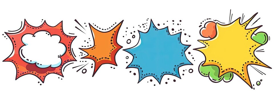 Four colorful cartoon explosion shapes with varying styles and inner space for text