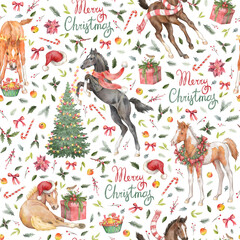 Christmas equestrian seamless pattern with cute foals and holiday decorations. Hand drawn watercolor print with horses, holly berries, treats, apples, spruce, bows and lettering on white backround