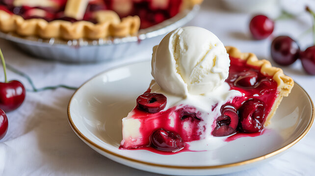 A slice of cherry pie topped with vanilla ice cream, served on a white plate with gold trim, surrounded by fresh cherries.