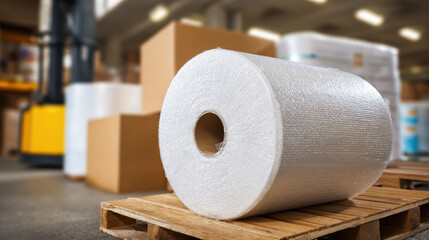 Large roll of protective wrapping material on wooden pallet in a storage warehouse with boxes and equipment blurred in the background creating an industrial atmosphere.
