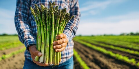 The farmer proudly holding freshly harvested asparagus in the field.