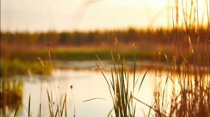 shore. Tranquil lakeside view at sunset with calm water reflecting golden hues. inspiring travel planning, travel magazines, designed for outdoor magazines and nature guides.